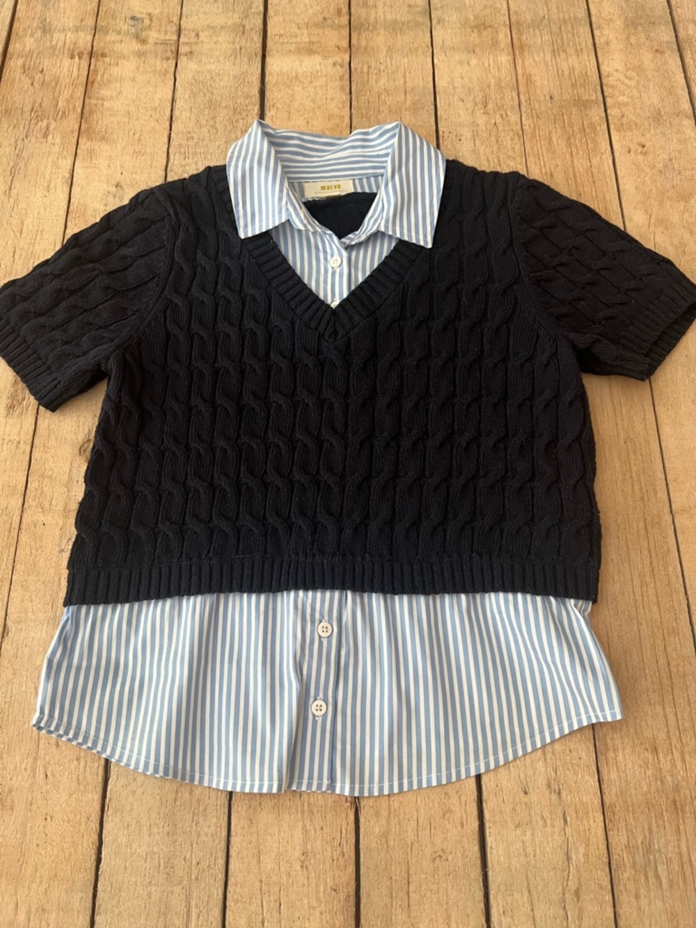 MAEVE by Anthropologie Navy Cable-Knit Layered Sweater Top / Light Blue Stripes